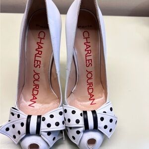 Charles Jourdan made in Italy polka dot bow Black and White  peep toe Heels